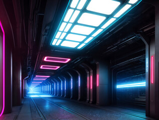 Poster - cyberpunk tunnel with neon lights, Generative AI