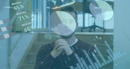 Poster - Animation of statistical data processing against caucasian talking looking at the camera at office