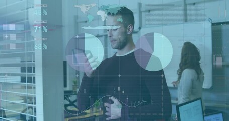Poster - Animation of statistical data processing against caucasian man talking on smartphone at office