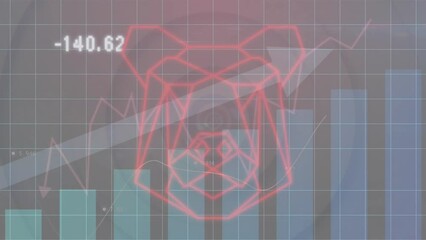 Poster - Animation of statistical data processing against abstract bear face icon and concentric circles