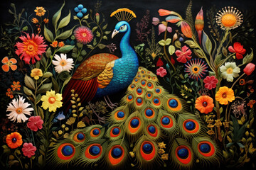 a peacock scene in a field of colorful flowers, colored oil paintings, and conceptual embroideries