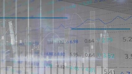 Poster - Animation of statistical and stock market data processing against night cityscape