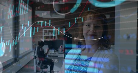 Poster - Animation of stock market data processing over portrait of caucasian woman smiling at office
