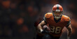 © Semper Fidelis - An American football player in an orange helmet and uniform runs with a ball in his right hand during a football match. Background with space for text. Generative Ai