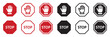 Set of red STOP signs. Stop hand, warning stop icons. Human palm, roadside, do not enter, prohibition sign, stop symbol, hand. Vector.