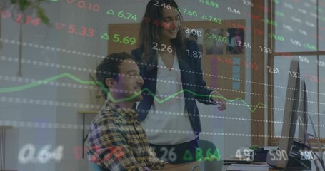 Poster - Animation of financial data processing on diverse man and woman discussing over computer at office
