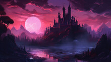 Landscape With Fantasy Castle And Moon. Illustration With Magic Castle Kingdom Cartoon Background.
