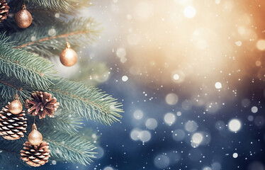   Christmas bokeh background with pine branches, cones, and space for text