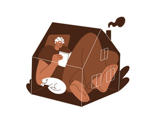 Poster - Man reading book at home. Bookworm, keen reader with interesting literature at leisure, relaxing inside cozy house. Person resting in evening. Flat vector illustration isolated on white background