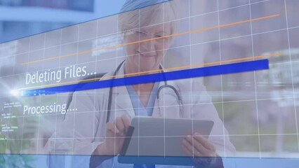 Poster - Animation of data processing over caucasian female doctor