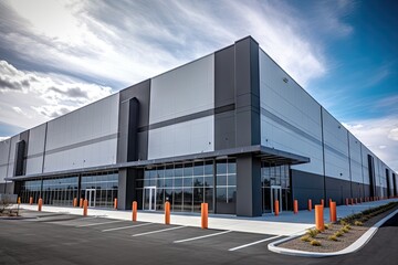 Wall Mural - Realistic render of large logistic business transport warehouse dock station. Factory and transport house. Commercial office building.	