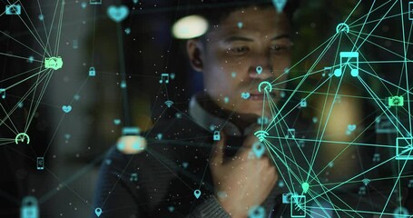 Poster - Animation of data processing and globe over biracial businessman in office