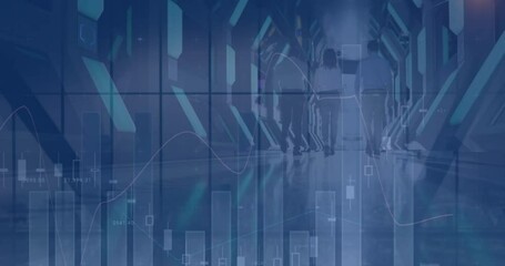 Poster - Animation of financial data processing over businesspeople walking by servers