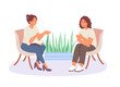 Female listening psychologist listening advices. Emotional support and consultation for woman. Patient listening medical worker. Vector flat illustration in cartoon style