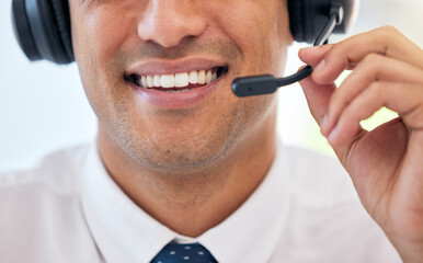Aufkleber - Happy man, smile and headphones with mic in call center for customer service, support or telemarketing at office. Closeup of male person, consultant or agent mouth for friendly online advice or help