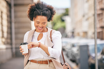 Happy, woman and time for coffee break in the city before business, meeting and check watch in urban, town or outdoor. Work, schedule and African businesswoman walking in morning to corporate office