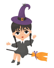 Wall Mural - Cute cartoon witch girl in hat is flying on broomstick. Vector illustration. Halloween female magical character. Kids collection.