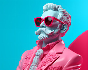 Wall Mural - Antique man statue with pink suit and sunglasses on the light blue background. Minimal pastel concept. 