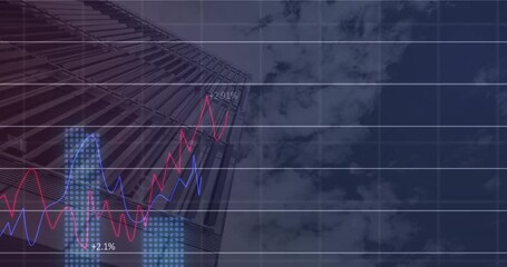 Poster - Animation of statistical data processing over grid network against low angle view of tall building