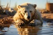 polar bear thirsty in the desert climate change awarness illustration generative ai