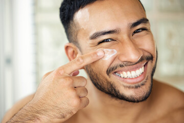 Poster - Man, bathroom and skincare with moisture, portrait and smile for health, cosmetics and self care in morning. Indian guy, skin wellness and youth for natural glow, cream and happiness with routine