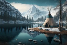 Scenic Winter Lake With Mountain, Tipi Tent & Nature Backdrop. Generative AI