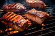 Close up view swordfish steaks cooking on a bar b q barbeque bbq grill with flames licking at the fish