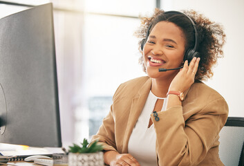 Call center, African woman and portrait of telemarketing agent at computer for customer service, web support or CRM. Happy business consultant at desktop for sales consulting, telecom or contact