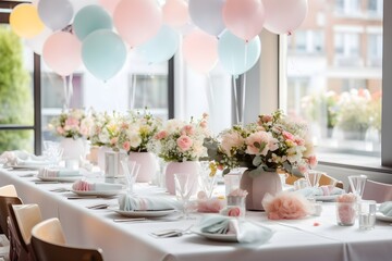 Poster - a beautifully set table for a baby shower. 
The table settings feature pastel colors and baby-themed centerpieces, creating a soft, welcoming atmosphere.