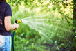 Cropped image of young woman watering flowers and plants in garden with hose in sunny blooming backyard