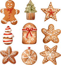Gingerbread Cookies Set Watercolor Christmas Ornament Vector Illustration