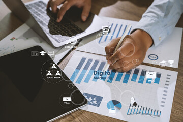 Wall Mural - Digital Marketing Network Datum Businessman team hands at work with financial reports and a laptop cyberspace global marketing success analysis Business technology: Digital transformation concept