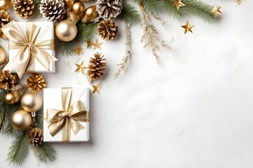 gold and white christmas flat lay mockup background product photography with presents, pine cones, c