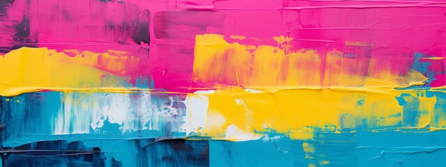 Aufkleber - Closeup of abstract rough colorful multicolored neon blue, pink and yellow colored art painting texture, with oil brushstroke, pallet knife paint on canvas (Generative Ai)