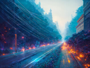 Poster - mysterious highway abstract blue clouds and lines around it .AI generated