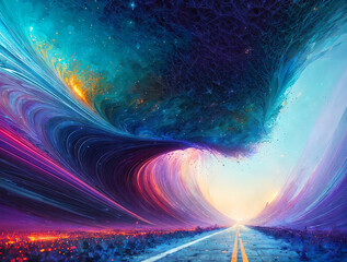 Poster - mysterious highway abstract colored clouds and lines around it .AI generated