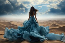 Sensual Woman Wearing A Luxurious Blue Dress In A Warm Yellow Sand Desert