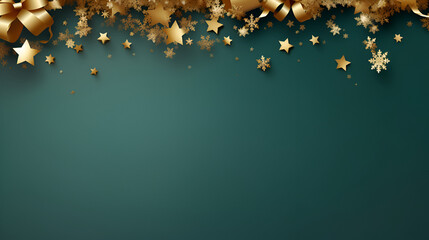 Wall Mural - Christmas and New Year festive background. Golden stars confetti and ribbons on emerald background with copy space for text. The concept of Christmas and New Year holidays