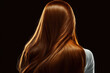Back view of woman with long red straight hair on dark background. Dyeing and hair care. Generative AI