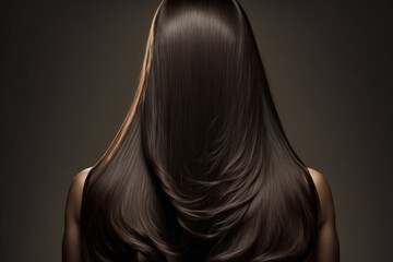 Back view of woman with long brown straight hair on dark background. Dyeing and hair care. Generative AI