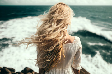 Back view beautiful slim girl with long flowing blond hair in the wind against the background of the sea and horizon. Generative AI