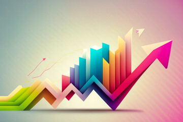 Colorful financial chart with moving up arrow graph on pastel background. Generative AI