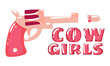 A poster of a shepherdess and a revolver. Colorful pink revolver. Print on a wild west T-shirt or poster design. A dangerous wild girl with a revolver. A shot forward, a bullet flies