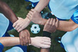 © Wesley JvR/peopleimages.com - Sports, teamwork and support with hands of soccer player on field for fitness, support and community. Goal, workout and mission with people training on football stadium for motivation and game