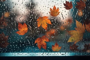 rainy day with autumn leaves on window glass outdoor. concept of fall season. generative ai