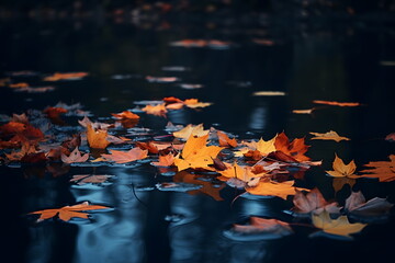 yellow and orange fallen maple leaves is on dark blue water surface. generative ai