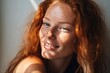 Carefree Beauty Woman with a Radiant Complexion and Freckles, Smiling and Looking Away in a Natural Portrait. Generative AI