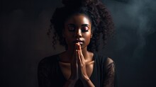 Black Woman Praying For Faith And Help From God. Powerful African-American Person Seeking Strength And Overcoming Worry Through Prayer: Generative AI