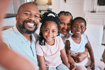 Wall Mural - Selfie, father and portrait with black family on sofa in living room with love in home Memory, happy face and man, kid and grandmother on couch for quality time or profile photo with african people.