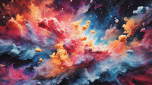 Colorful Abstract Explosion In Space. Nebula Alien Cloud. Universe Painting Watercolor Sponge Paint.